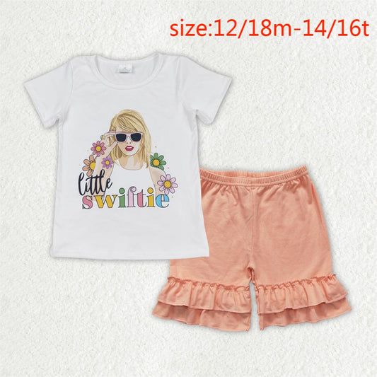 RTS no moq GT0491+SS0259 little swiftie flower short sleeve top Pink and orange lace shorts