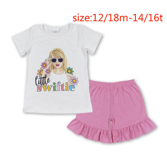 RTS no moq GT0491+SS0271 little swiftie flower short sleeve top Pink one layer lace shorts
