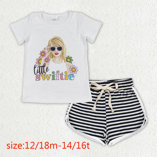 GT0491+SS0288 little swiftie floral short-sleeved top Black and white striped waffle shorts