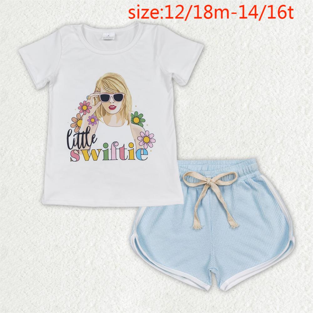 GT0491+SS0289 little swiftie floral short-sleeved top blue waffle shorts