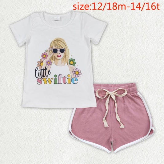GT0491+SS0293 little swiftie floral short-sleeved top dark pink shorts