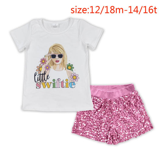 no moq GT0491+SS0350 pre-order items little swiftie flower short sleeve top pink sequined shorts