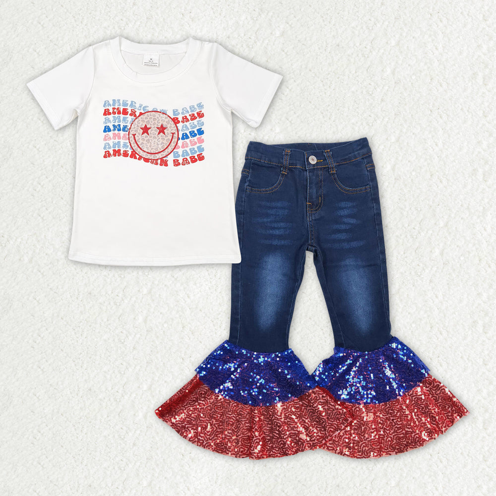 rts no moq GT0502+P0430 american babe leopard print smiley white short-sleeved top Red and blue sequined dark blue denim pants