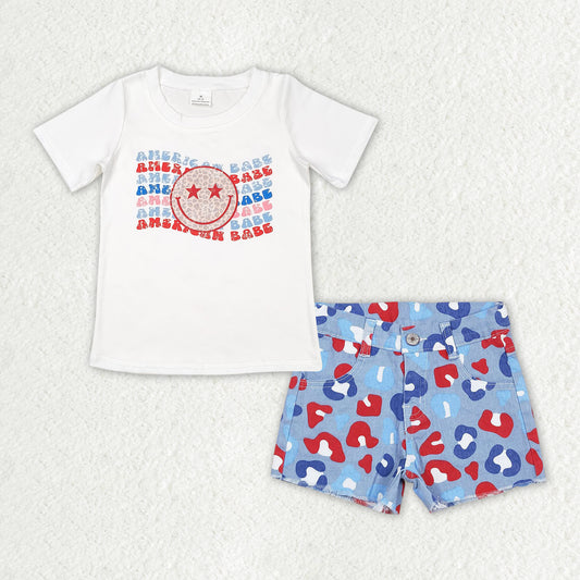 RTS NO MOQ GT0502+SS0166 american babe leopard print smiley white short-sleeved top Red and blue leopard print denim shorts