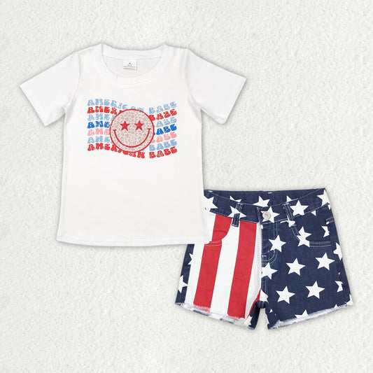 RTS NO MOQ GT0502+SS0168 american babe leopard print smiley white short-sleeved top Red and white striped star blue stitching denim shorts