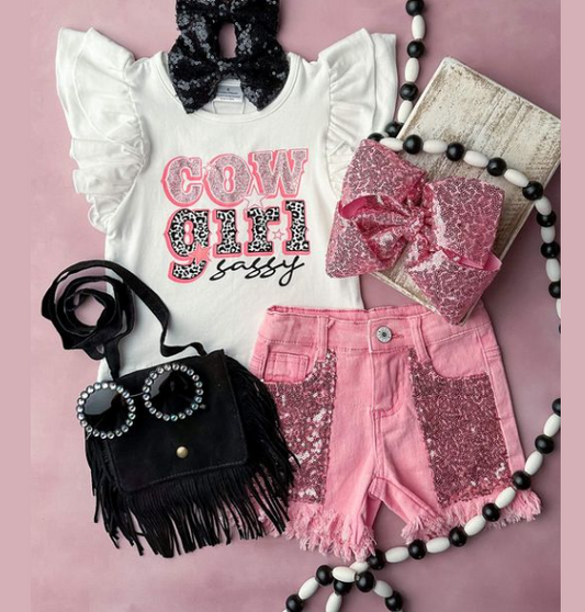 RTS NO MOQ GT0504+SS0230  cowgirl sassy letter white lace sleeve top pink sequin denim shorts sets