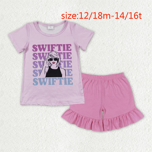 RTS no moq GT0505+SS0271 swiftie letter pink short sleeve top Pink one layer lace shorts
