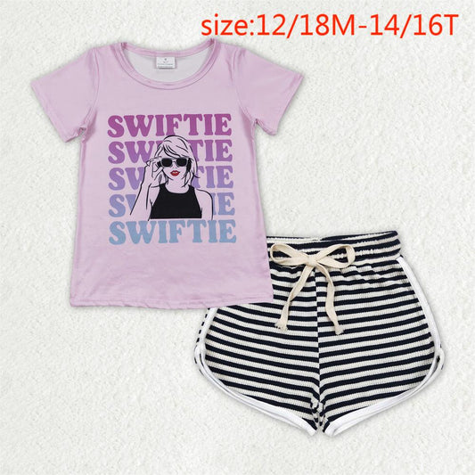 GT0505+SS0288 swiftie letter pink short sleeve top Black and white striped waffle shorts