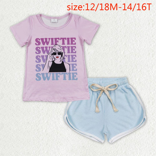 GT0505+SS0289 swiftie letter pink short sleeve top blue waffle shorts