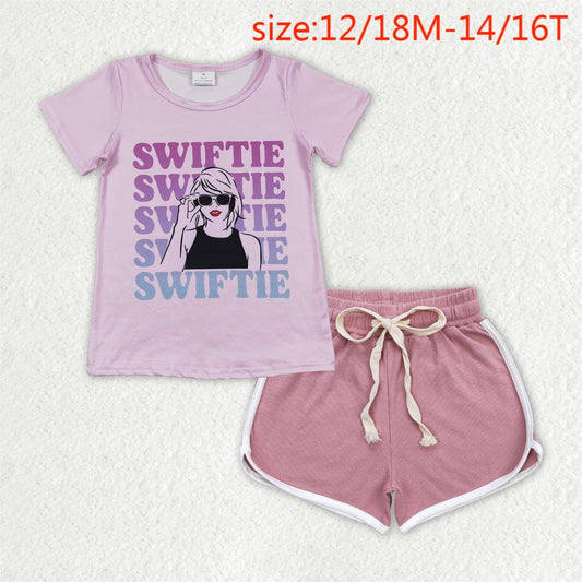 GT0505+SS0293 swiftie letter pink short sleeve top dark pink shorts