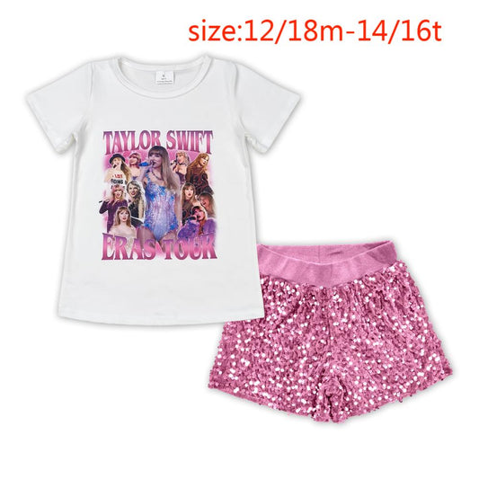 no moq GT0506+SS0350 pre-order items taylor swift eras tour white short sleeve top pink sequined shorts