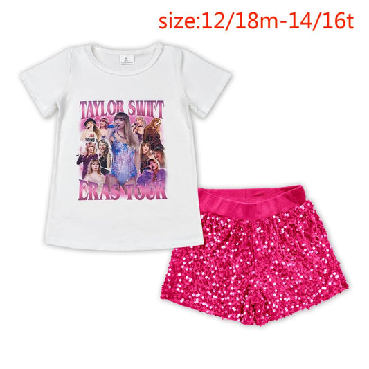 no moq GT0506+SS0351 pre-order items taylor swift eras tour white short sleeve top rose red sequined shorts
