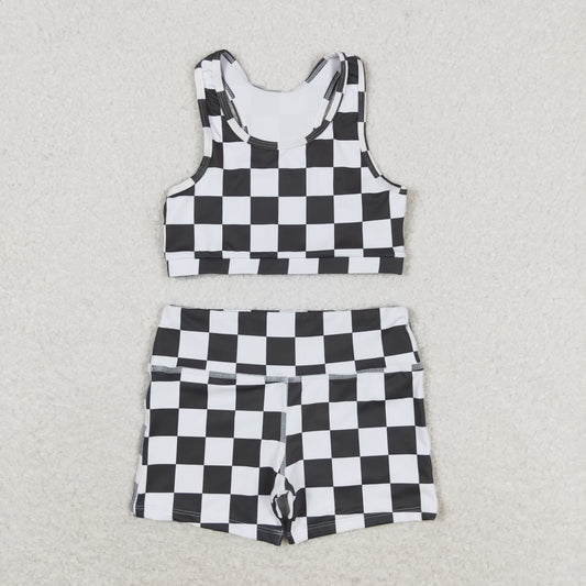 rts no moq GT0522+SS0219 Black and white plaid sleeveless top shorts sets