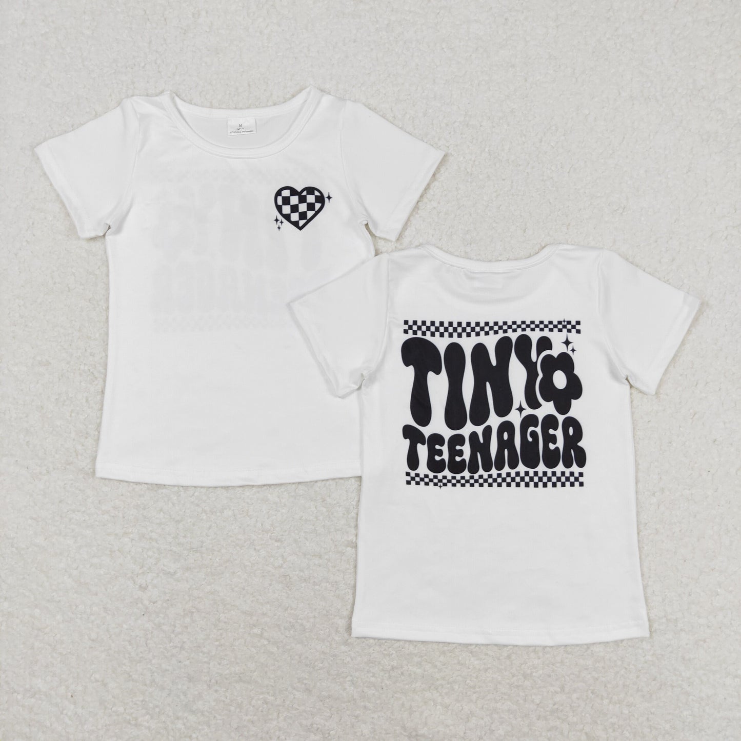 RTS NO MOQ（In Stock) GT0527 tiny teenager black and white plaid love short-sleeved top