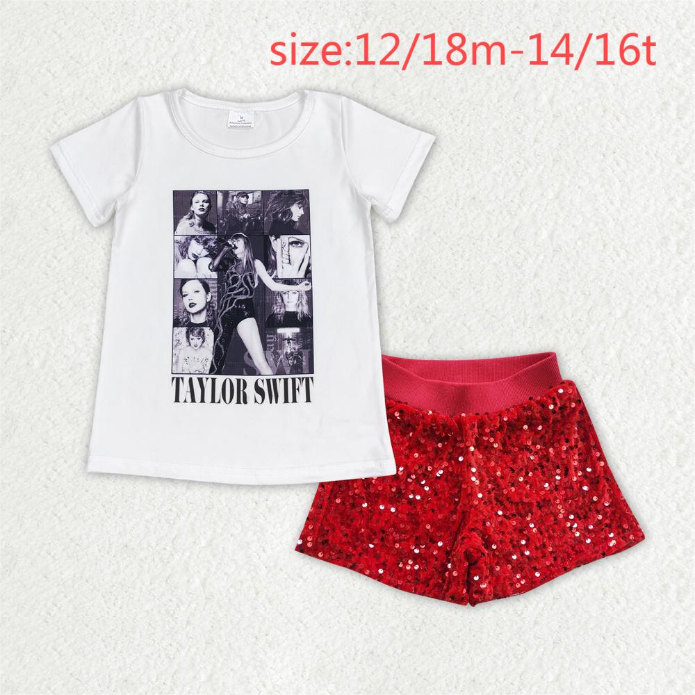 rts no moq GT0530+SS0098 taylor swift white short-sleeved top Red sequined shorts sets