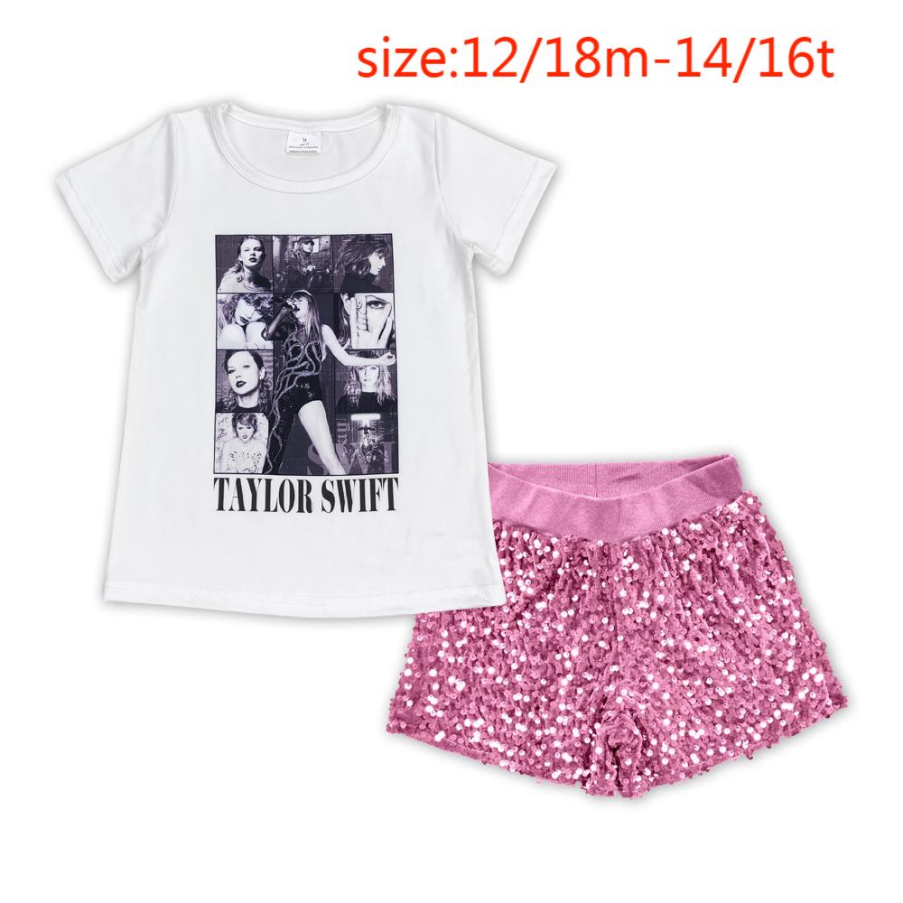 no moq GT0530+SS0350 pre-order items taylor swift white short sleeve top pink sequined shorts