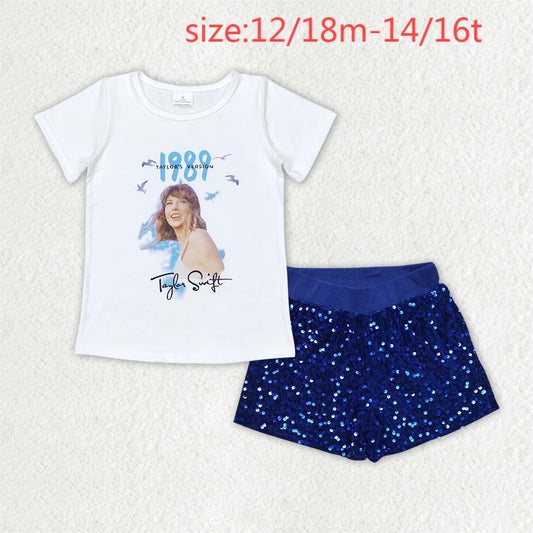 rts no moq GT0531+SS0038 1989 taylor swift white short-sleeved top sapphire sequin shorts sets