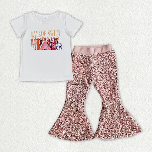 RTS NO MOQ ETA 5/7days Arrived GT0532+E2-28 taylor swift the eras tour white short-sleeved top pink sequin flared pants sets