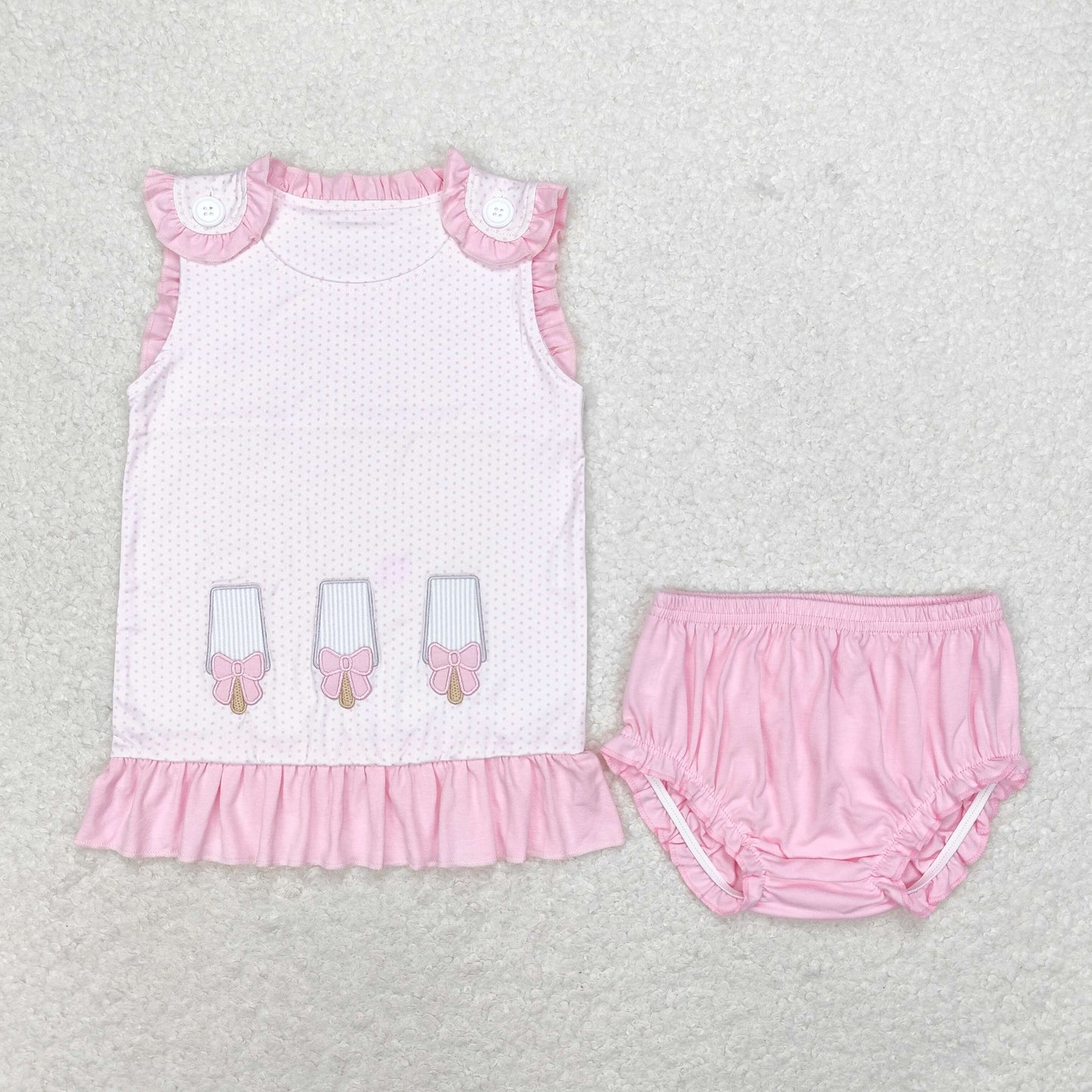 rts no moq GT0534+SS0240 Embroidered bow ice cream pink polka dot sleeveless top briefs sets