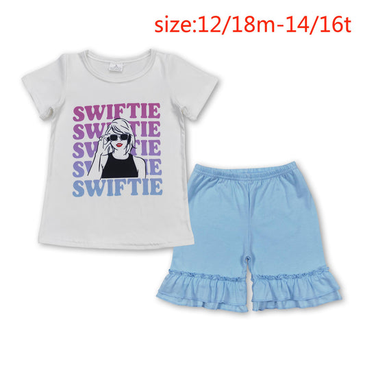 RTS no moq GT0550+SS0183 white short-sleeved top with swiftie lettering Light sky blue lace shorts