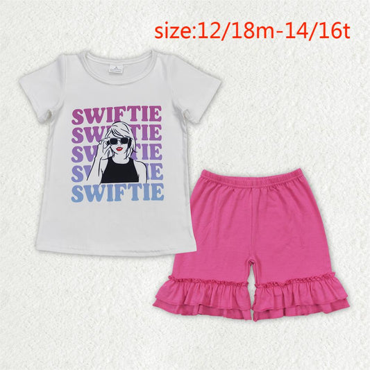 RTS no moq GT0550+SS0281 white short-sleeved top with swiftie lettering Light rose red lace shorts