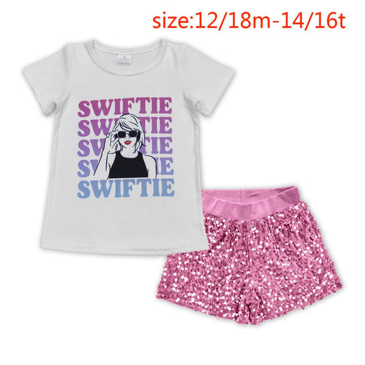 no moq GT0550+SS0350 pre-order items white short-sleeved top with swiftie lettering pink sequined shorts