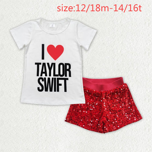 rts no moq GT0551+SS0098 I love taylor swift white short-sleeved top Red sequined shorts sets