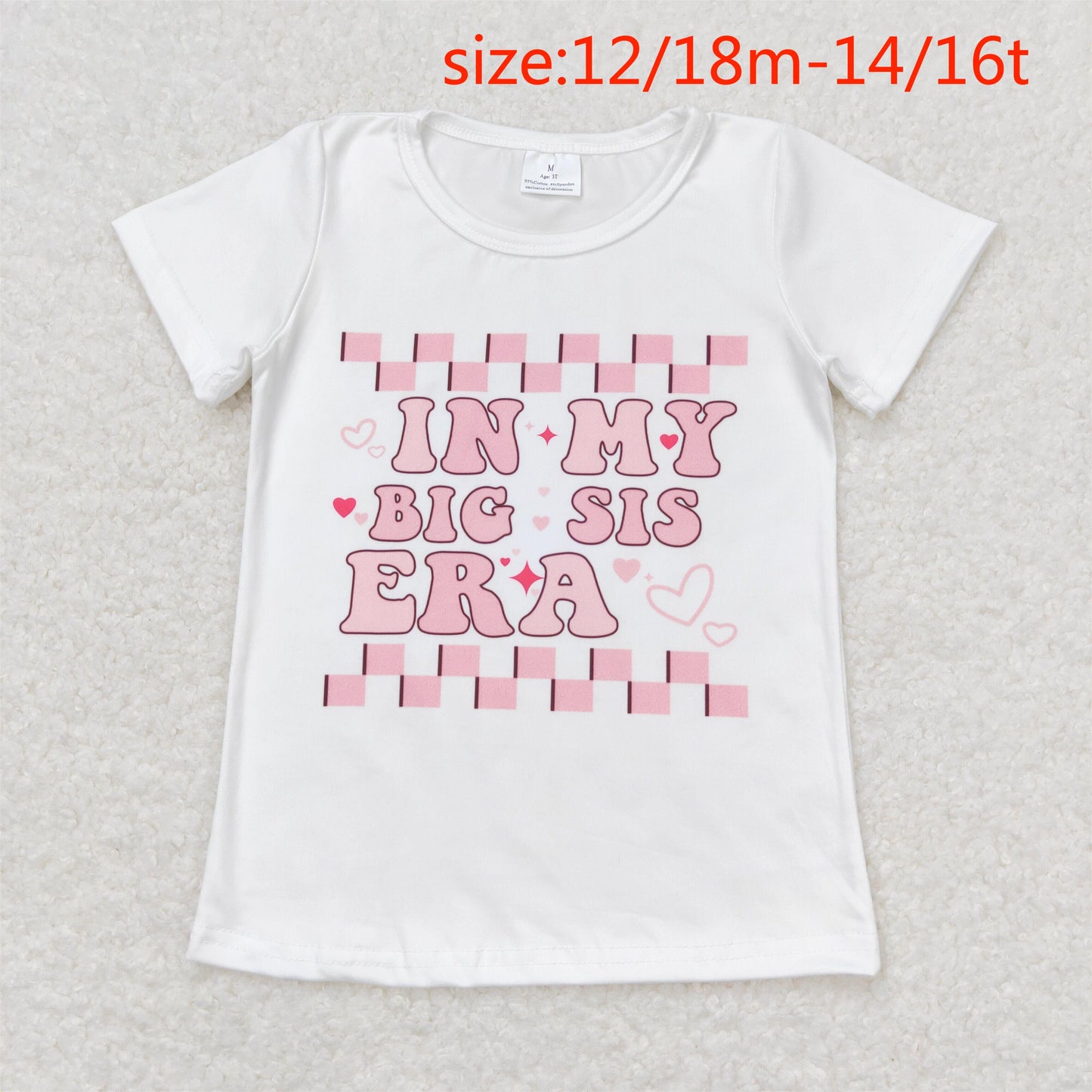 GT0556 in my big sis era letter pink and white plaid short sleeve top