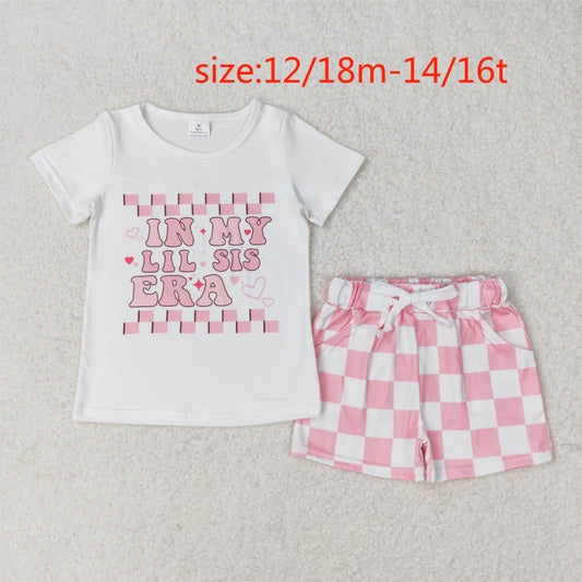 rts no moq GT0557+SS0258 in my lil sis era letter pink and white plaid short sleeve top shorts