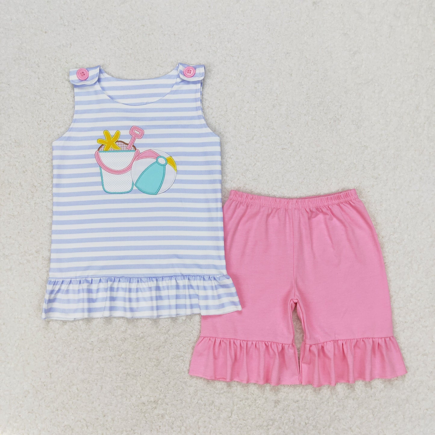 rts no moq GT0568+SS0356 Embroidered beach ball starfish bucket blue and white striped sleeveless top Pink straight one-layer lace shorts