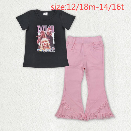 RTS NO MOQ ETA 5/7days Arrived GT0572+P0463 Taylor letter black short-sleeved top Pink tassel elastic waist denim pants sets