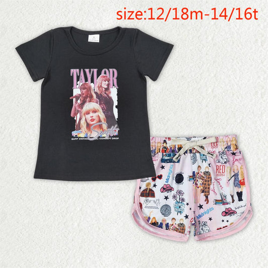 rts no moq GT0572+SS0255 taylor letter black short sleeve top pink and white shorts