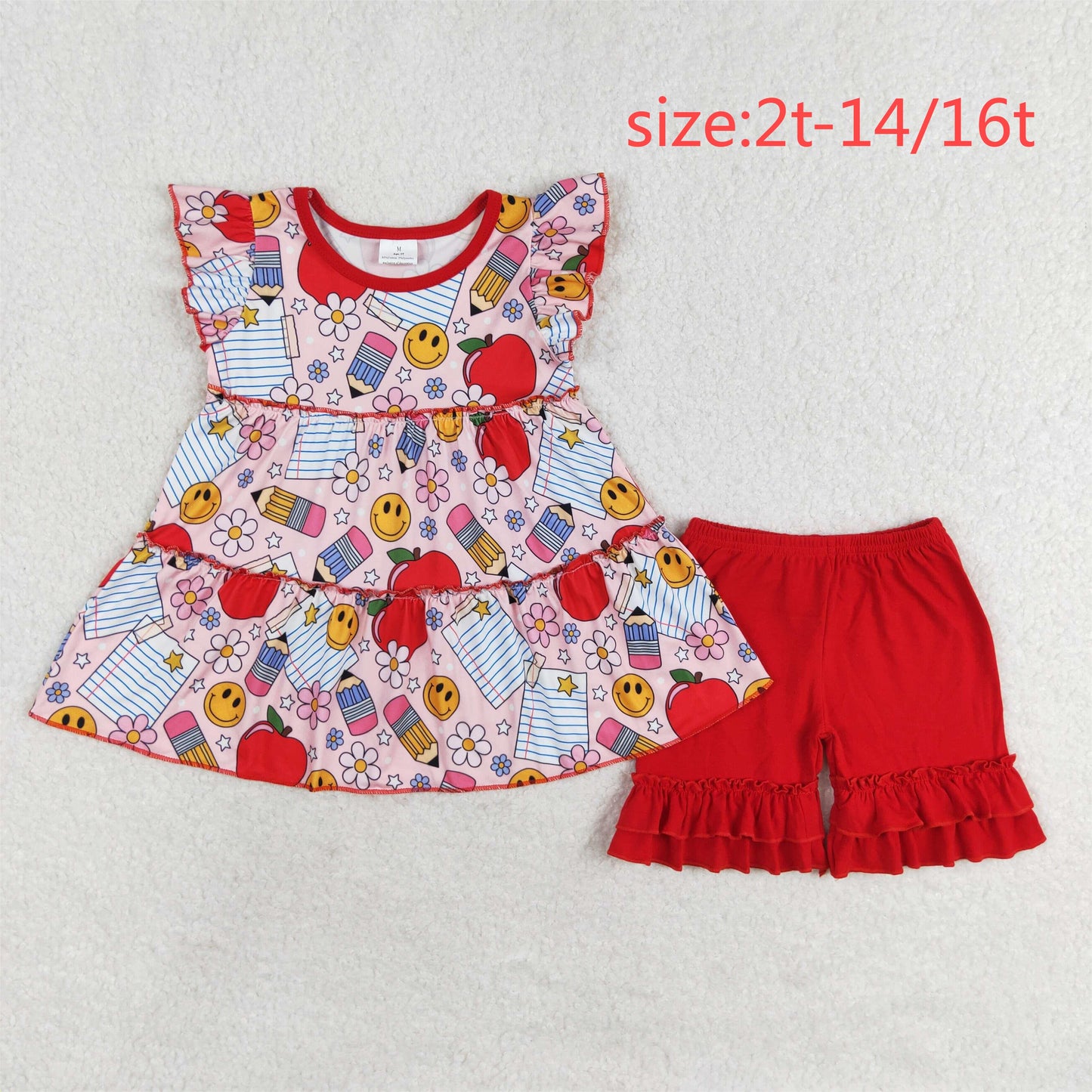 RTS NO MOQ GT0575+SS0184 Smiley face flower pencil apple flying sleeve top Red lace shorts