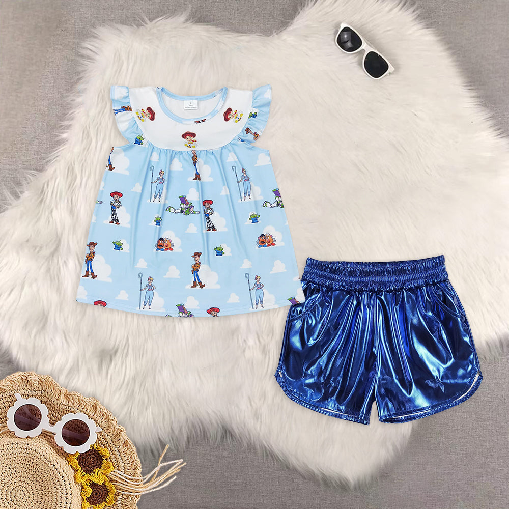 RTS NO MOQ Girls Boys cheers cartoon short sleeve Clothes Sets and top and shorts