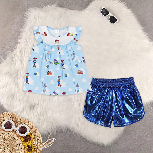 RTS NO MOQ Girls Boys cheers cartoon short sleeve Clothes Sets and top and shorts