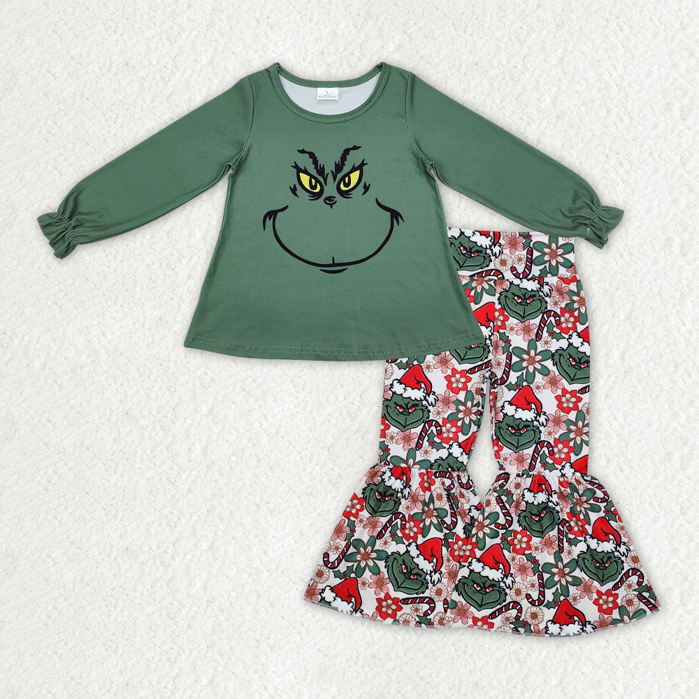 RTS NO MOQ ETA 5/7days Arrived GT0610+P0631 Grinch smiley face lace green long-sleeved top flower trousers sets