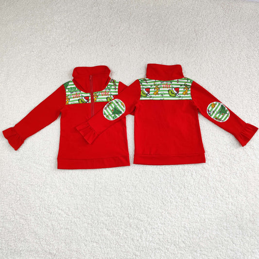 RTS NO MOQ（In Stock ) GT0611 Grinch puppy Christmas tree lace green stripe red zipper long sleeve top