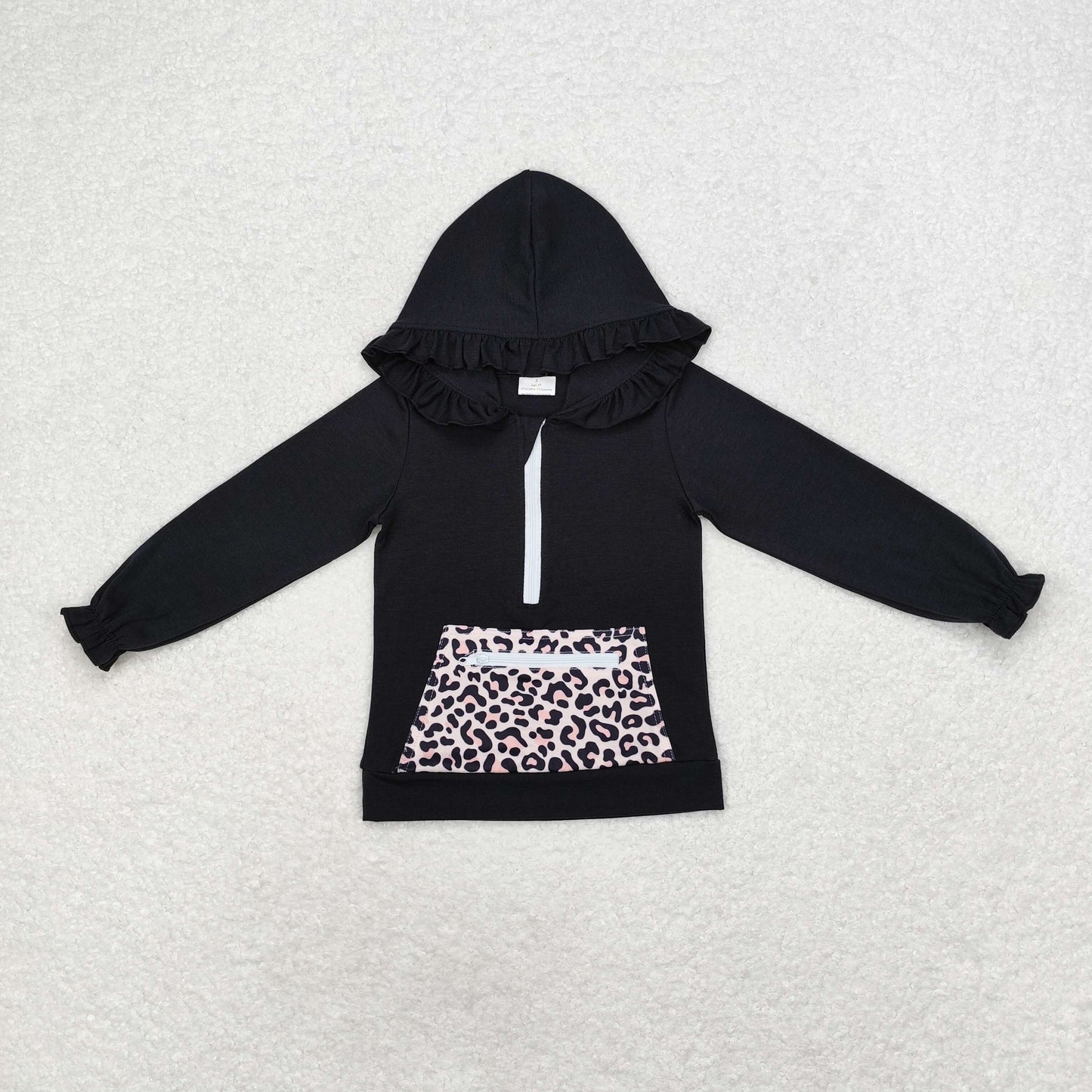 RTS NO MOQ（In Stock) GT0624 Leopard print pocket zipper black hooded long sleeve top