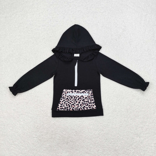 rts no moq GT0624 Leopard print pocket zipper black hooded long sleeve top