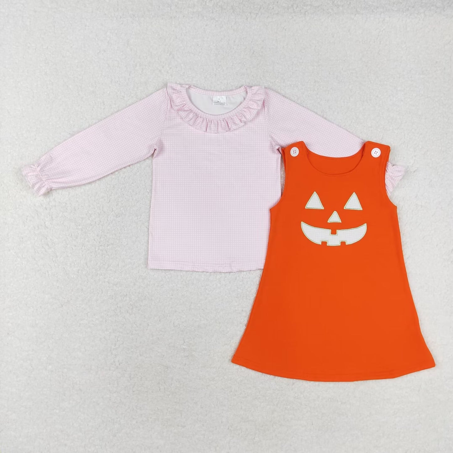 RTS no moq GT0626+GSD1376 Pink plaid lace long-sleeved top Embroidered Halloween smiley face orange sleeveless dress 2 pieces set