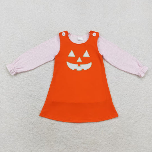 RTS no moq GT0626+GSD1376 Pink plaid lace long-sleeved top Embroidered Halloween smiley face orange sleeveless dress 2 pieces set