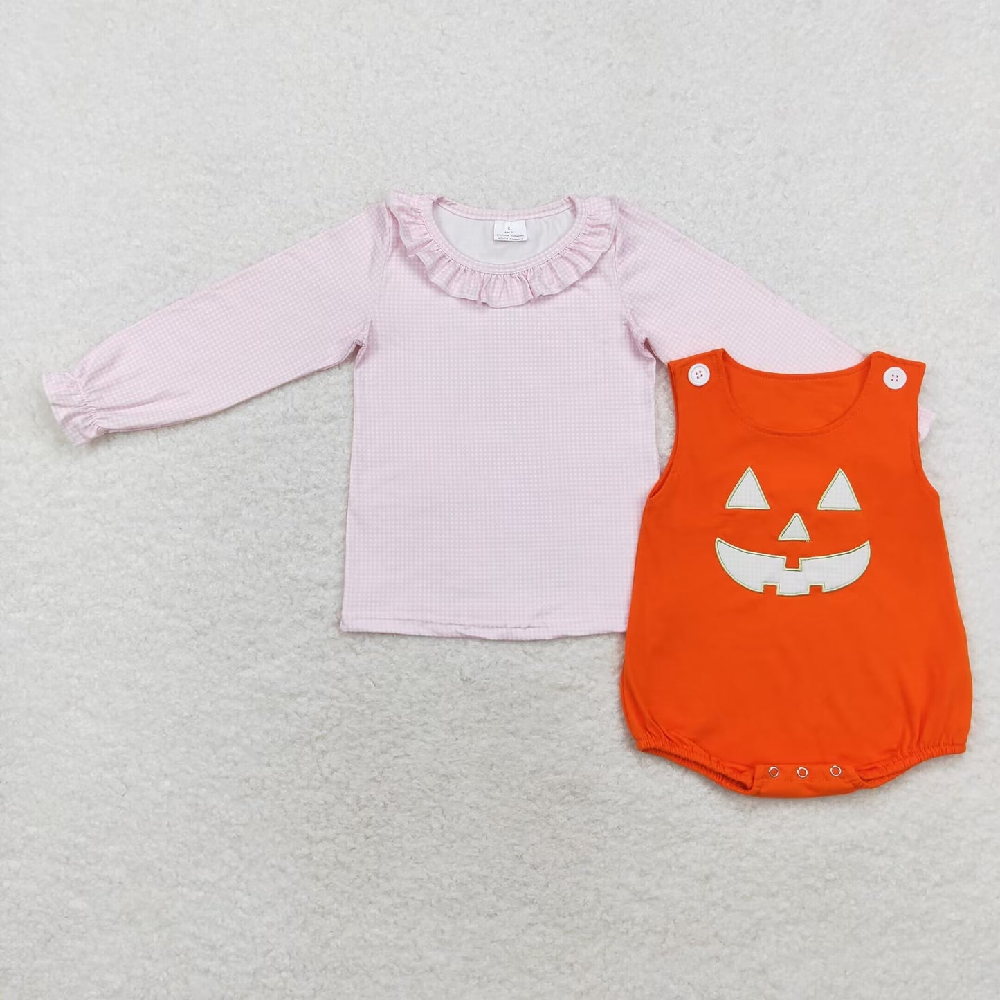 RTS no moq GT0626+SR1937 Pink plaid lace long-sleeved top Embroidered Halloween smiley orange vest jumpsuit 2 pieces sets