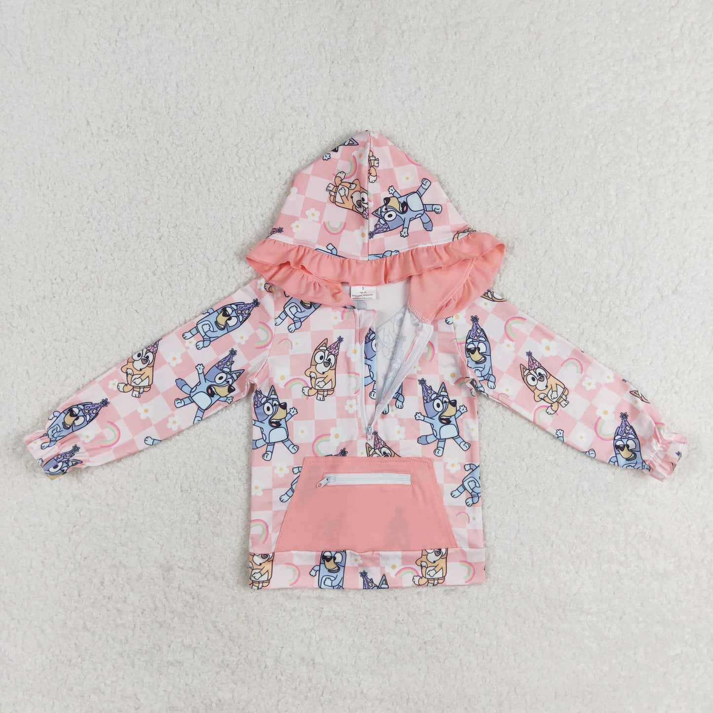 rts no moq GT0633 Bluey rainbow flower plaid pink pocket lace zipper hooded long-sleeved top