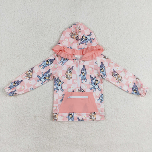 rts no moq GT0633 Bluey rainbow flower plaid pink pocket lace zipper hooded long-sleeved top