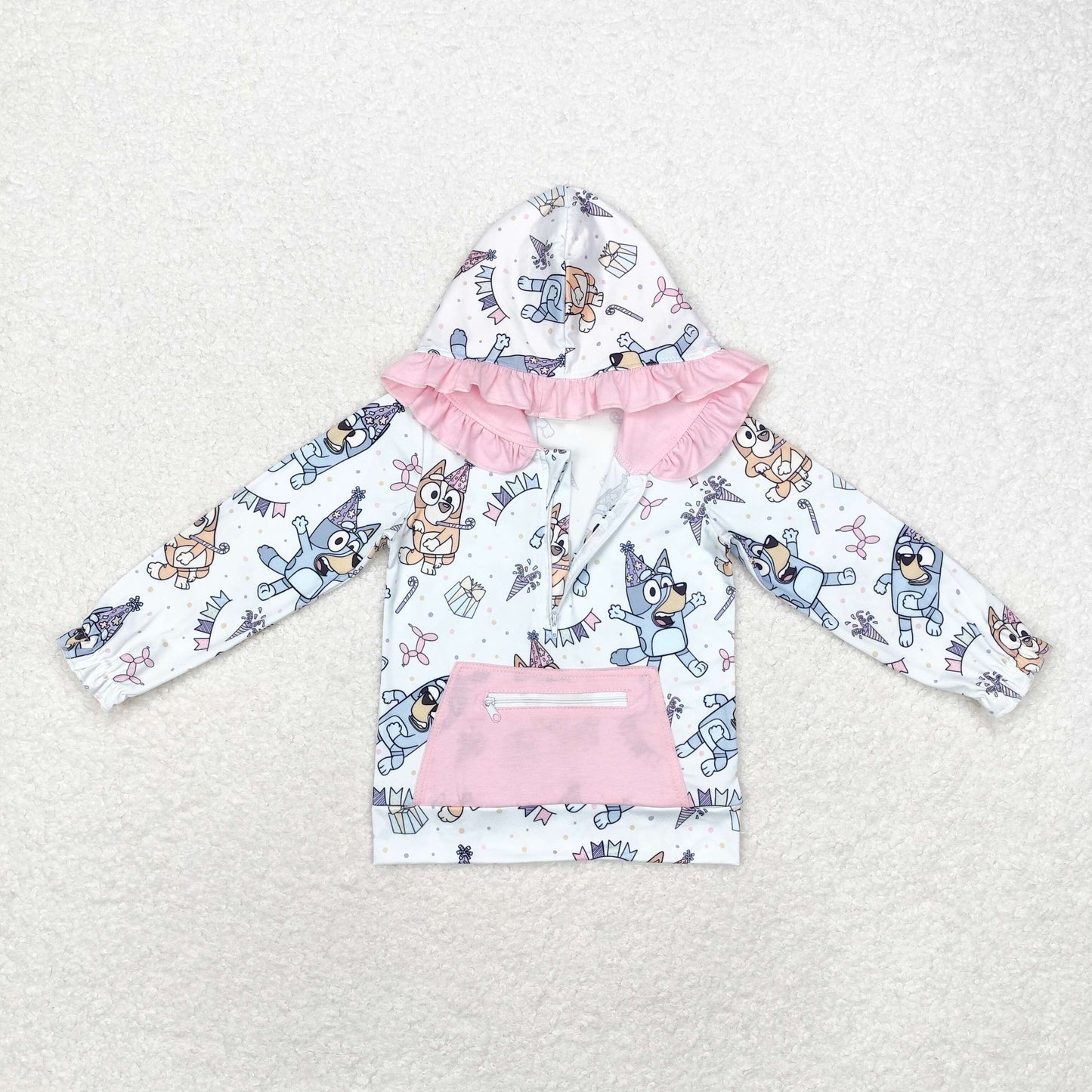 rts no moq GT0634 bluey birthday pink pocket lace blue zipper hooded long-sleeved top