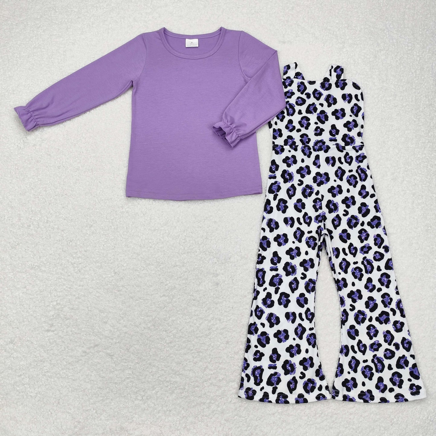 rts no moq GT0645+SR1932 Purple solid color long-sleeved top leopard print white suspender jumpsuit sets