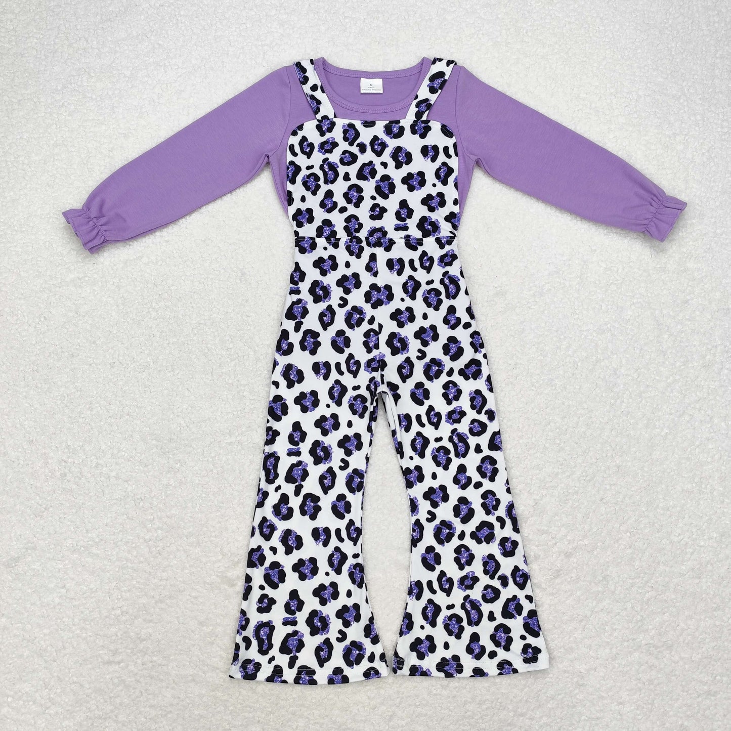 rts no moq GT0645+SR1932 Purple solid color long-sleeved top leopard print white suspender jumpsuit sets