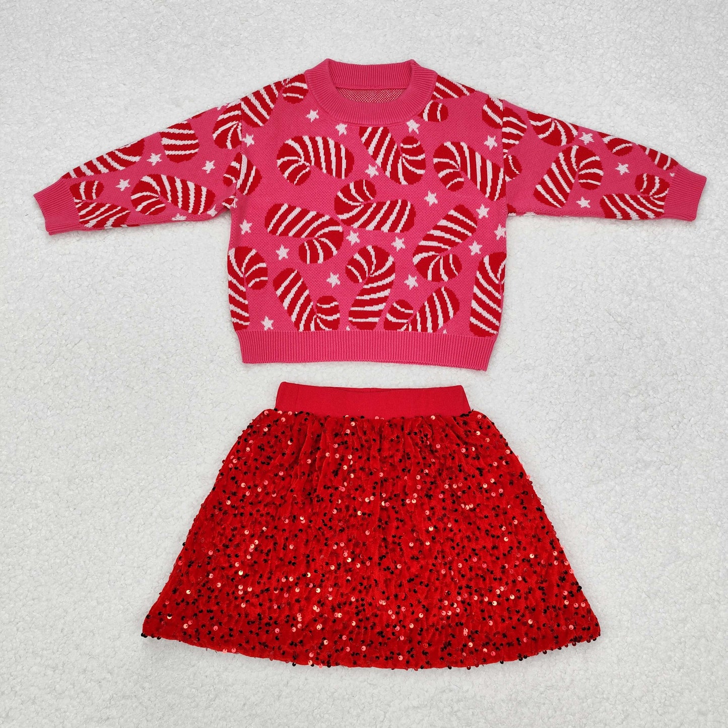 RTS NO MOQ ETA 5/7days GT0665+GLK0027 Christmas cane star pink long-sleeved sweater Red sequin skirt