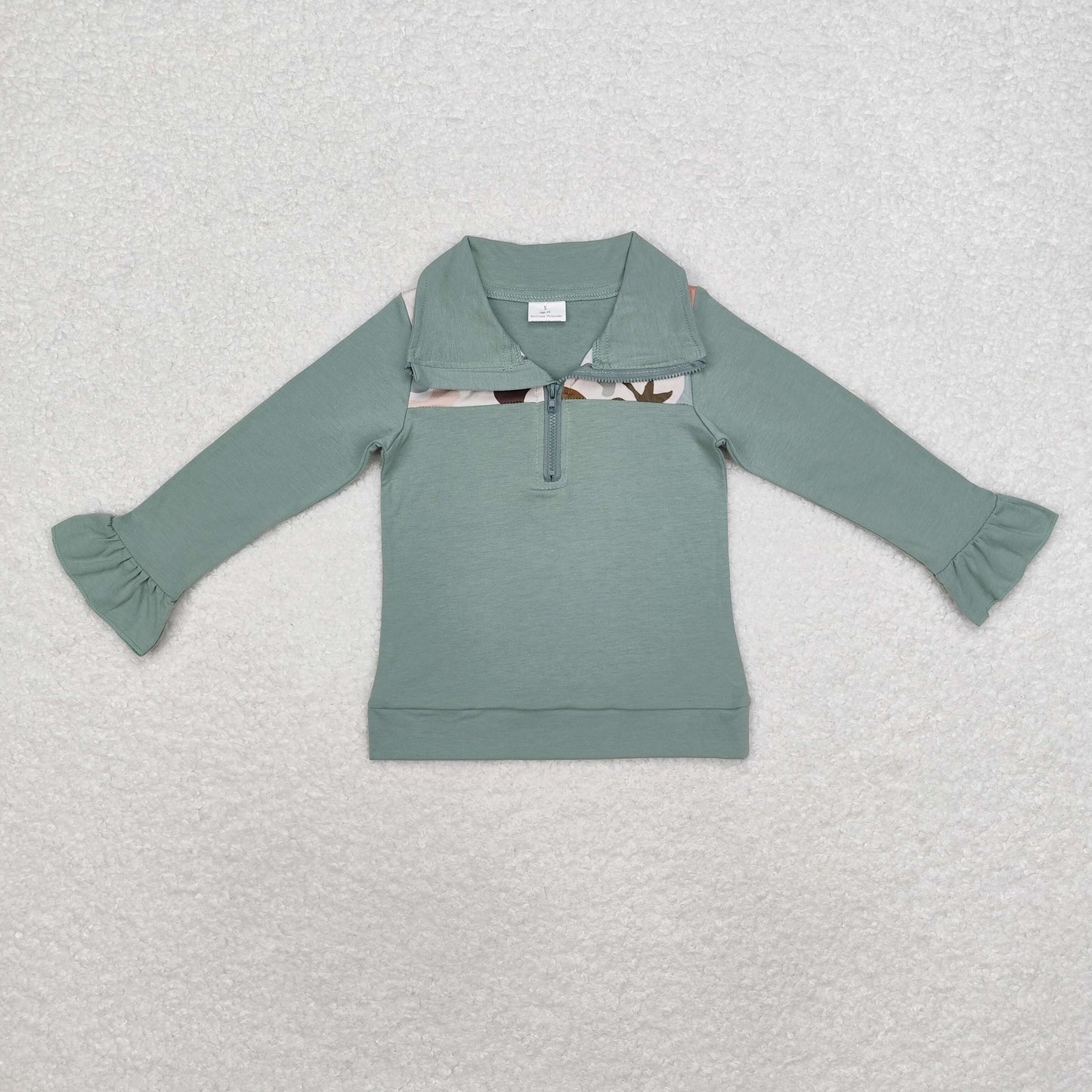 rts no moq GT0669 Puppy duck camouflage lace green zipper long-sleeved top