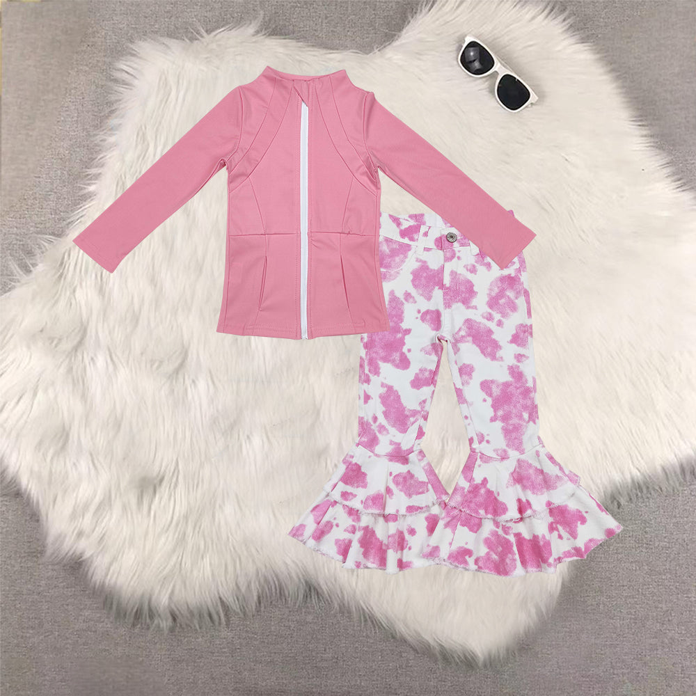 RTS NO MOQ（In Stock) GT0680+P0406 yoga pink zipper long sleeve top cow pattern denim pants sets